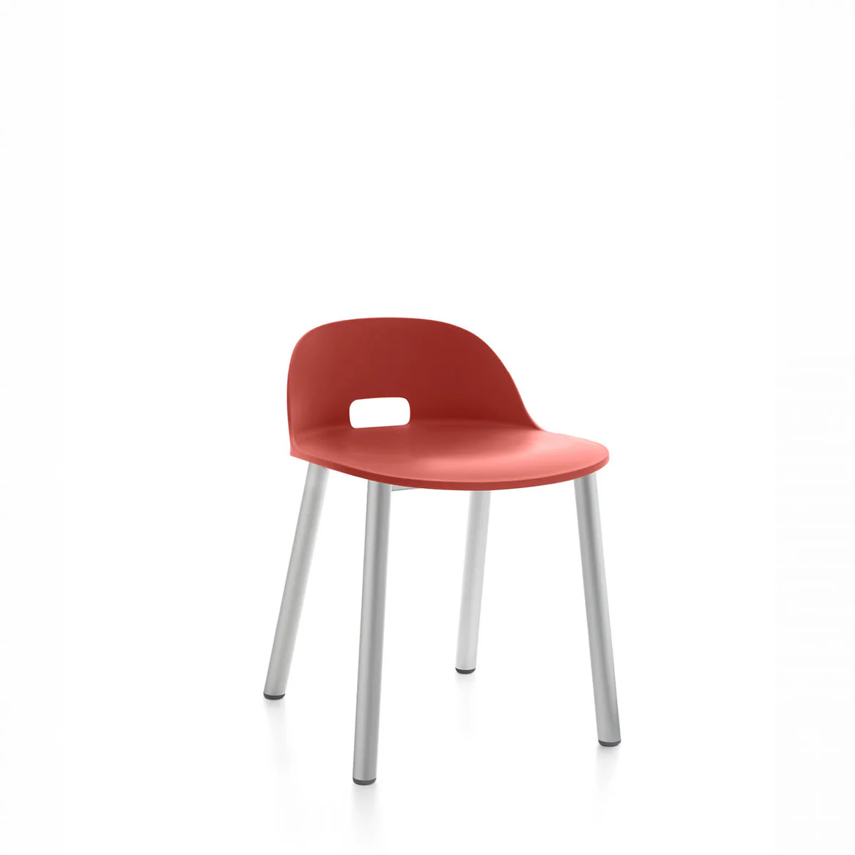 Alfi Aluminum Low Back Chair by Emeco, a sleek and durable chair with an aluminum frame, offering modern comfort and style for contemporary dining and office spaces.