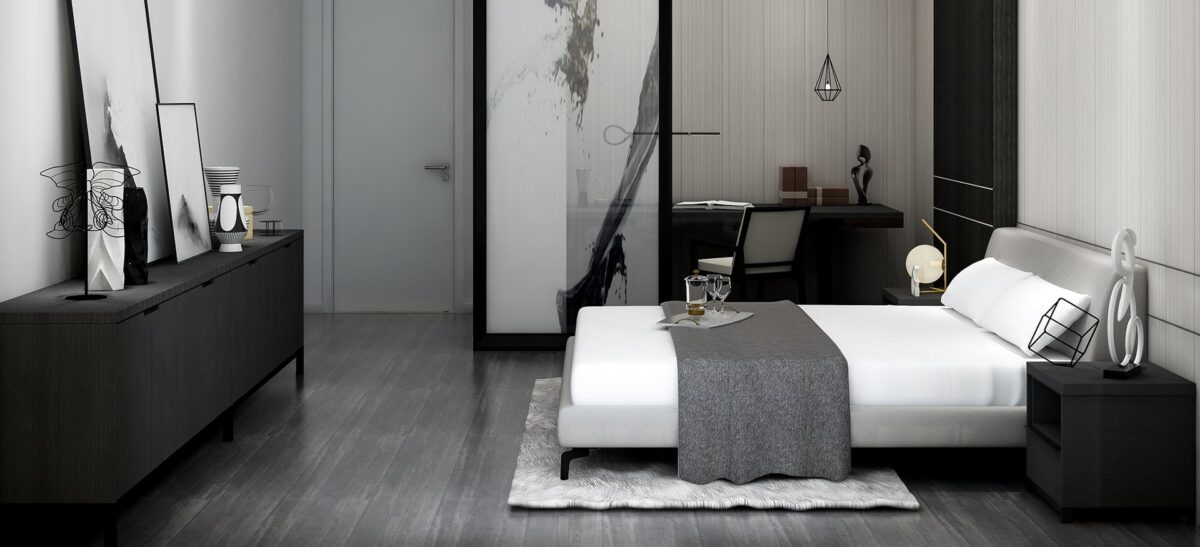Upholstered platform bed with low profile and padded headboard by Camerichusa.