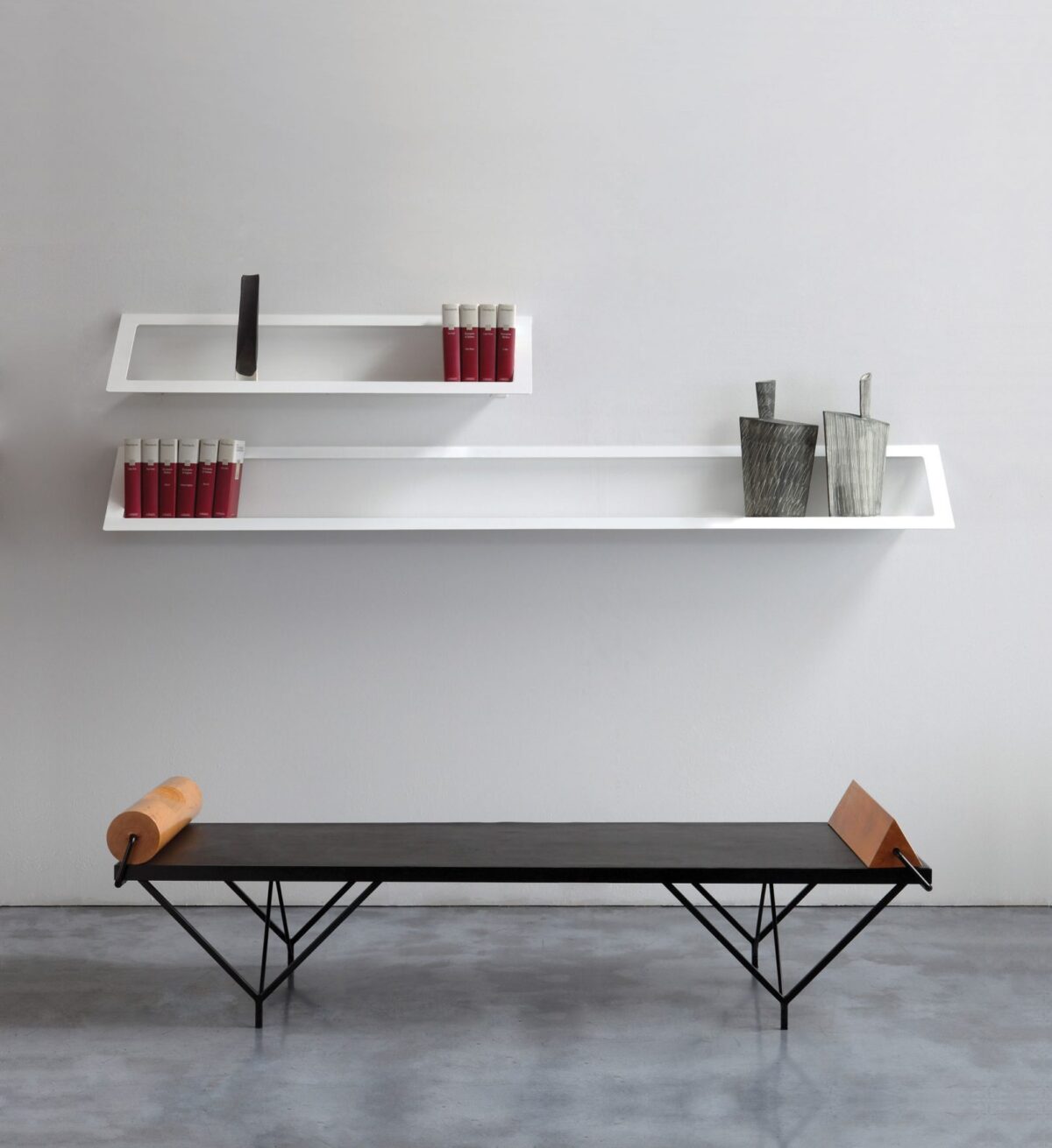 Floating wall shelf with minimalist steel design by Zeusnoto.