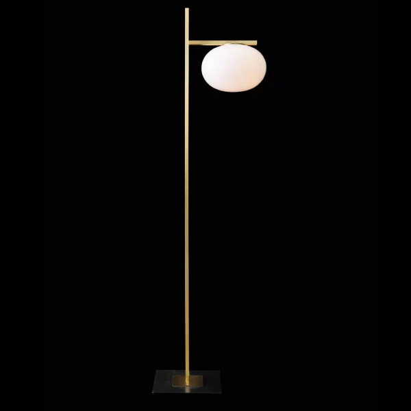 “Alba by Oluce modern Italian table lamp – opal glass globe with brushed metal base and soft ambient glow”