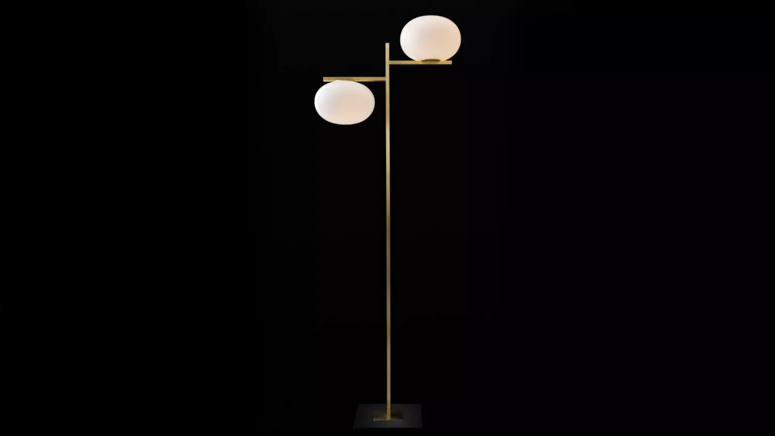 “Alba by Oluce Italian designer lamp – opaline glass globe with satin brass base, modern table lighting”