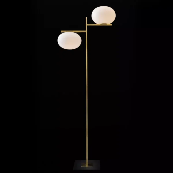 “Alba by Oluce Italian designer lamp – opaline glass globe with satin brass base, modern table lighting”