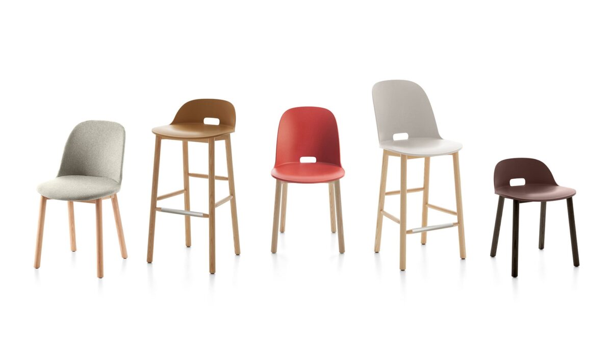 “Emeco Alfi low back stool featuring recycled aluminum construction.”