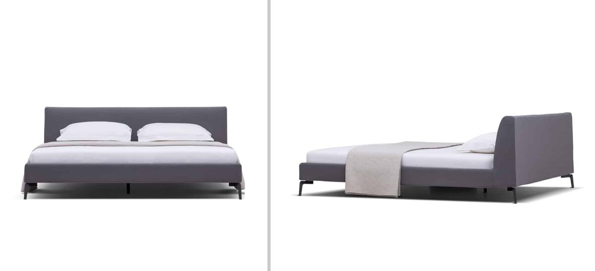 Upholstered platform bed with low profile and padded headboard by Camerichusa.