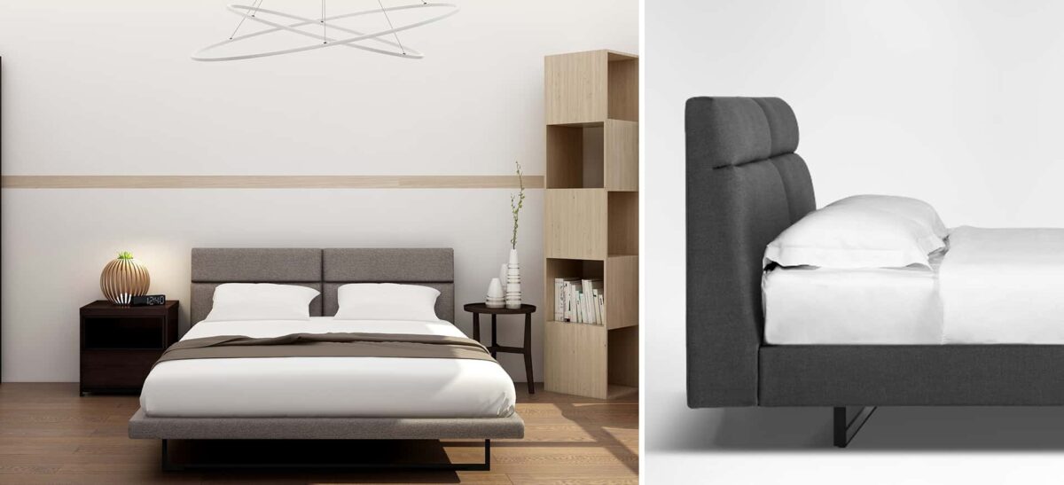 Contemporary upholstered bed with plush headboard and sleek frame by Camerichusa.