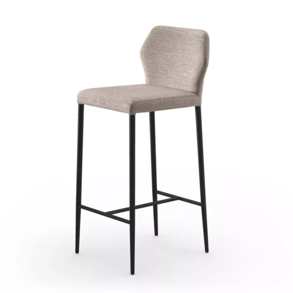 Angle bar counter by Peressini with L-shaped wooden countertop supported by slender powder-coated steel legs.