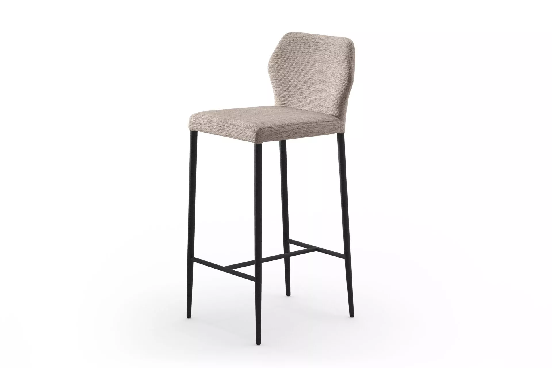 Angle bar counter by Peressini with L-shaped wooden countertop supported by slender powder-coated steel legs.