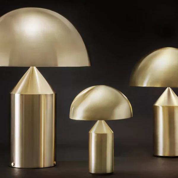  “Atollo Metal by Oluce luxury Italian lamp – minimalist gold metal dome with cylinder and cone base structure”