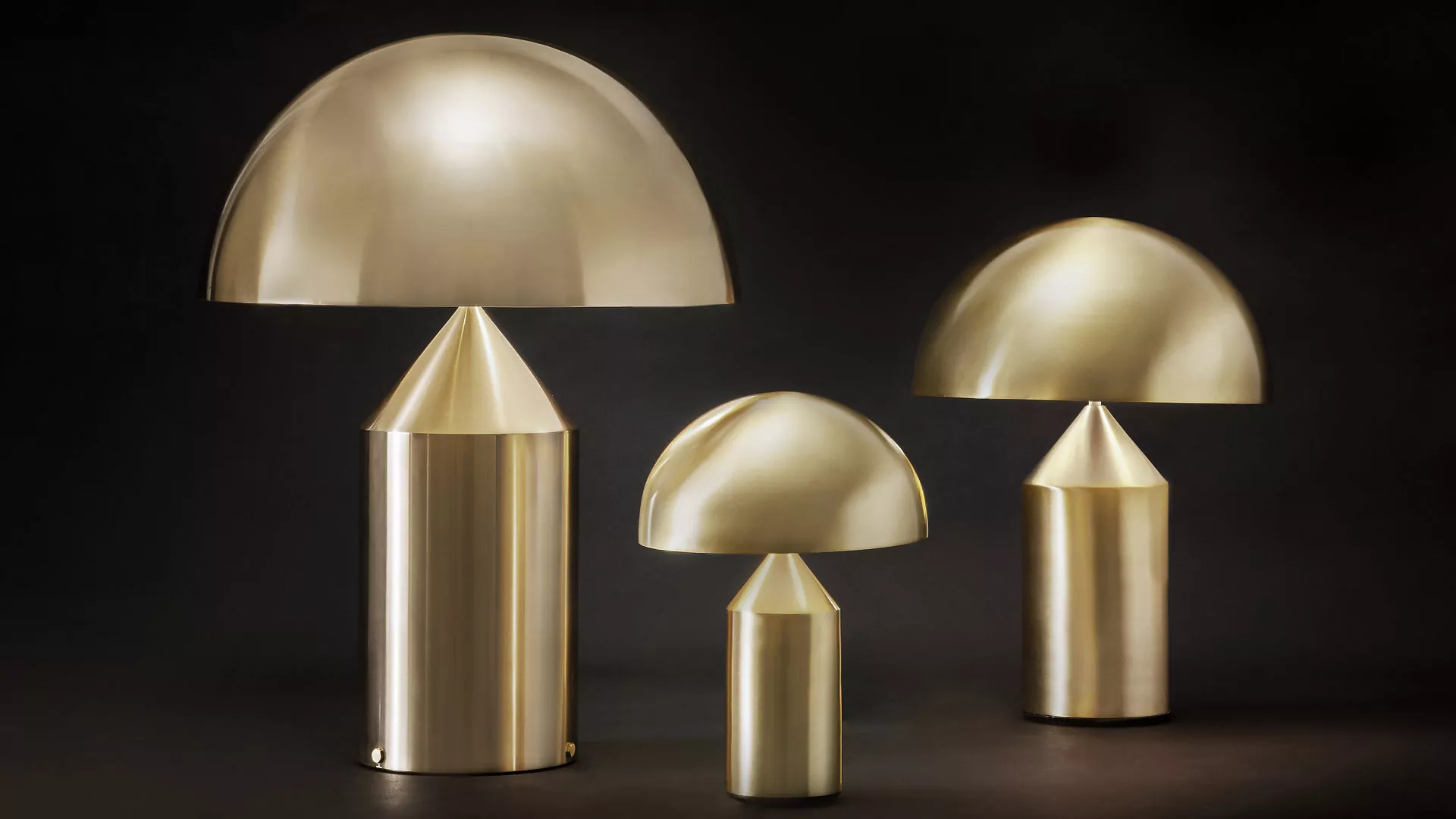  “Atollo Metal by Oluce luxury Italian lamp – minimalist gold metal dome with cylinder and cone base structure”