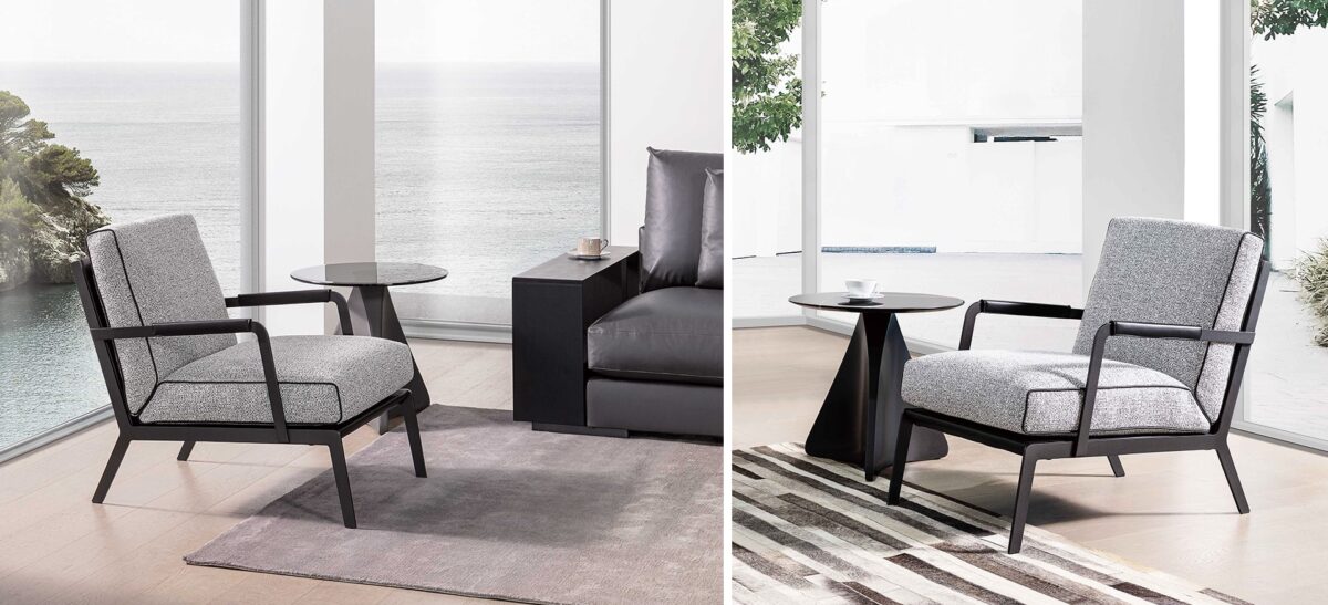 Modern Austen seating in fabric and leather combo with clean architectural arms