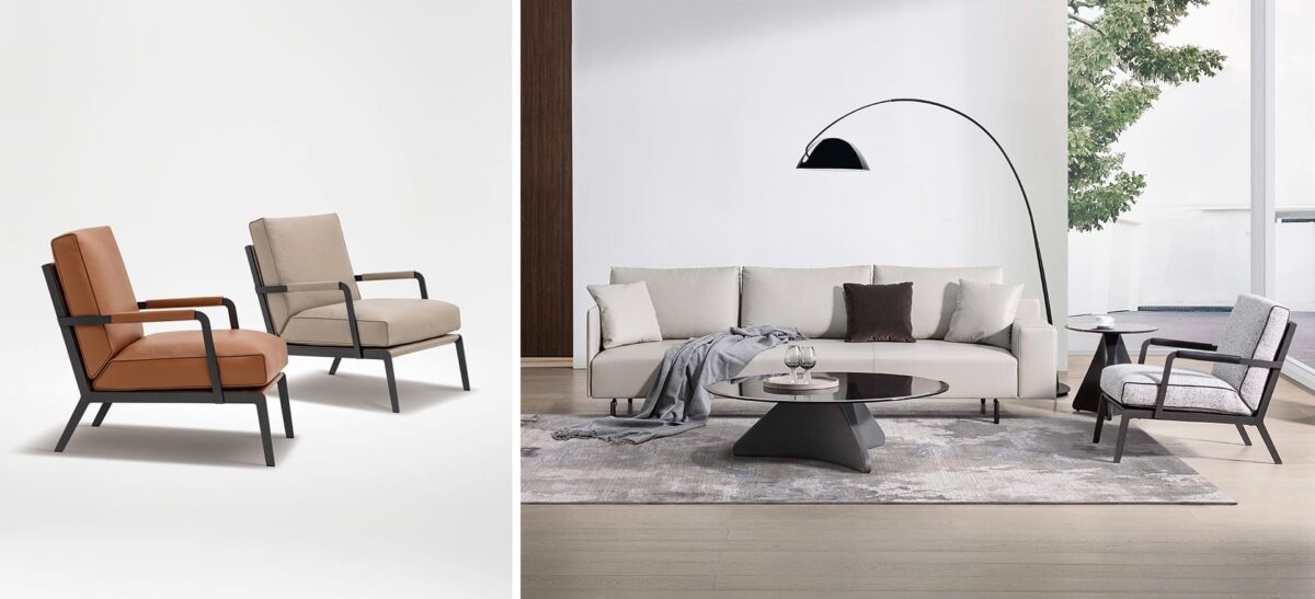 Low-profile Austen lounge chair with deep cushion and powder‑coated metal frame