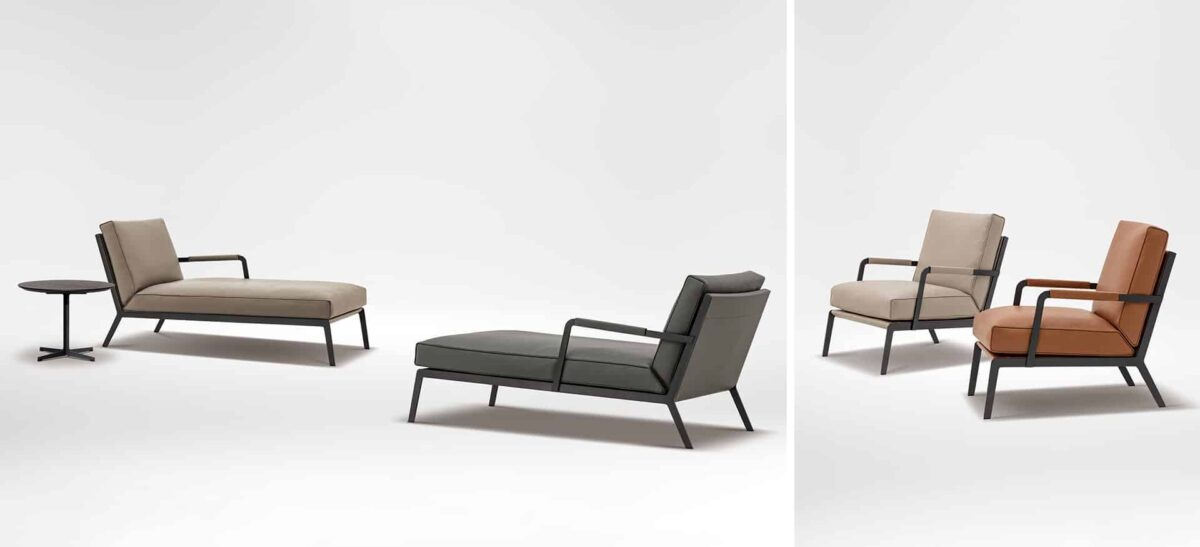 Elegant Austen armchair upholstered in dark grey fabric with leather accents