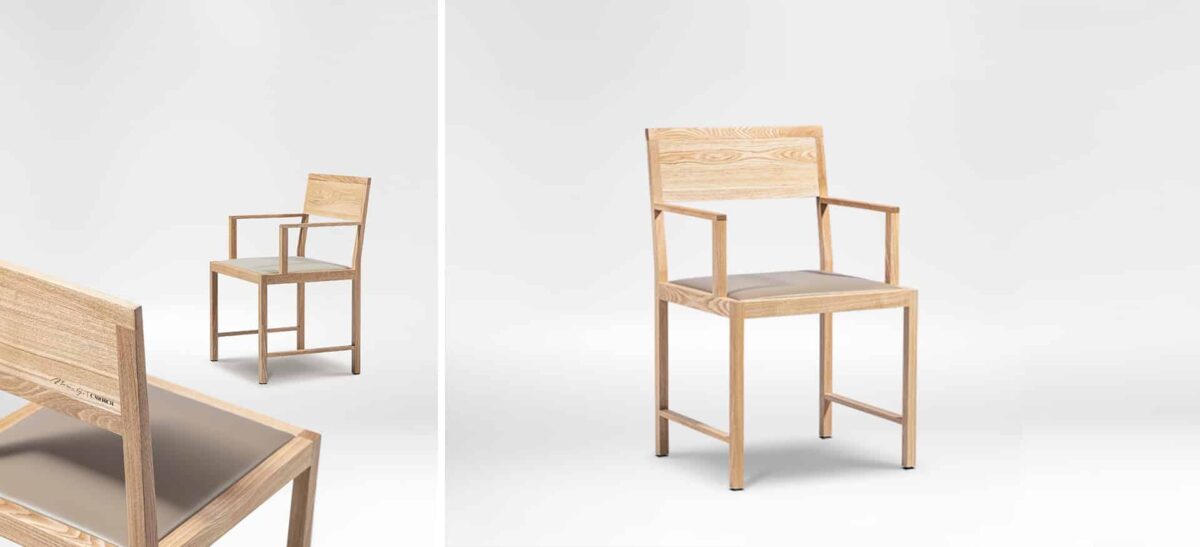 Sculptural dining chair with rounded back and wooden legs by Camerich.