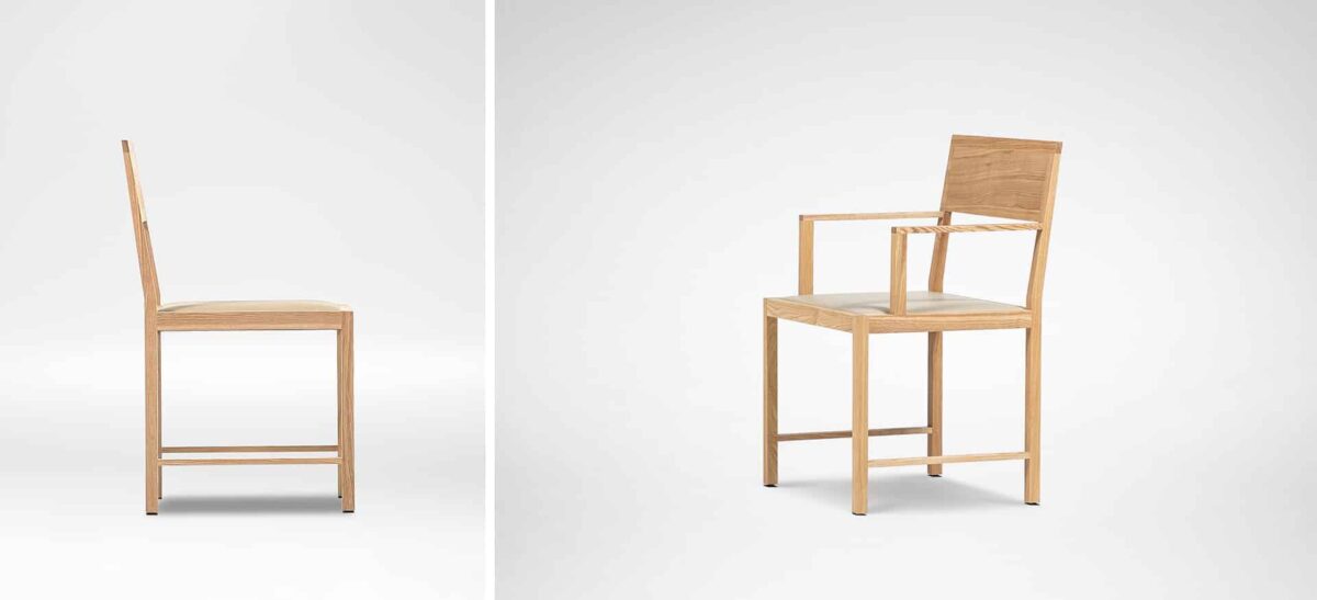 Elegant upholstered chair with curved form and wooden detailing by Camerich.
