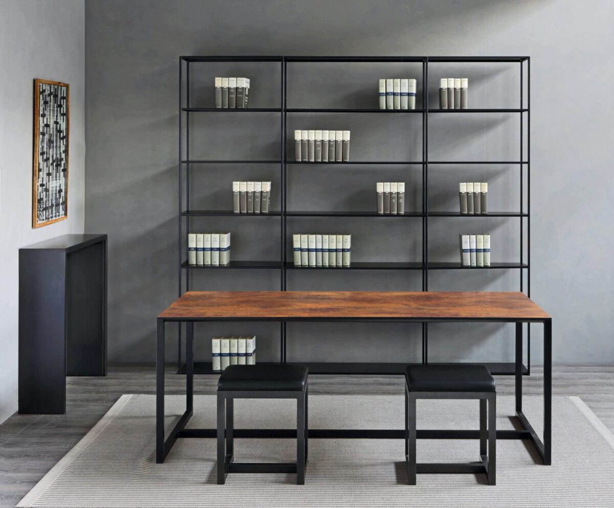 Open-frame shelving unit with sleek steel structure by Zeusnoto.
