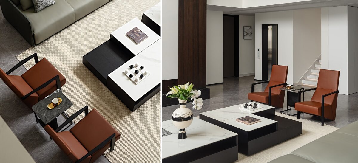 Contemporary dining table with natural wood top and sturdy legs by Camerich.
