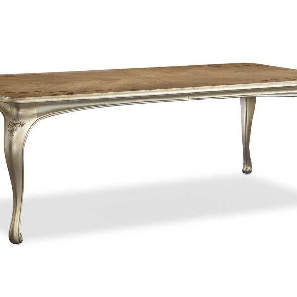 Fontainebleau Center Side Chair by Caracole featuring a Champagne Mist-finished frame with Aglow-accented carvings, plush Performance fabric upholstery, and plated metal ferrules on front legs.