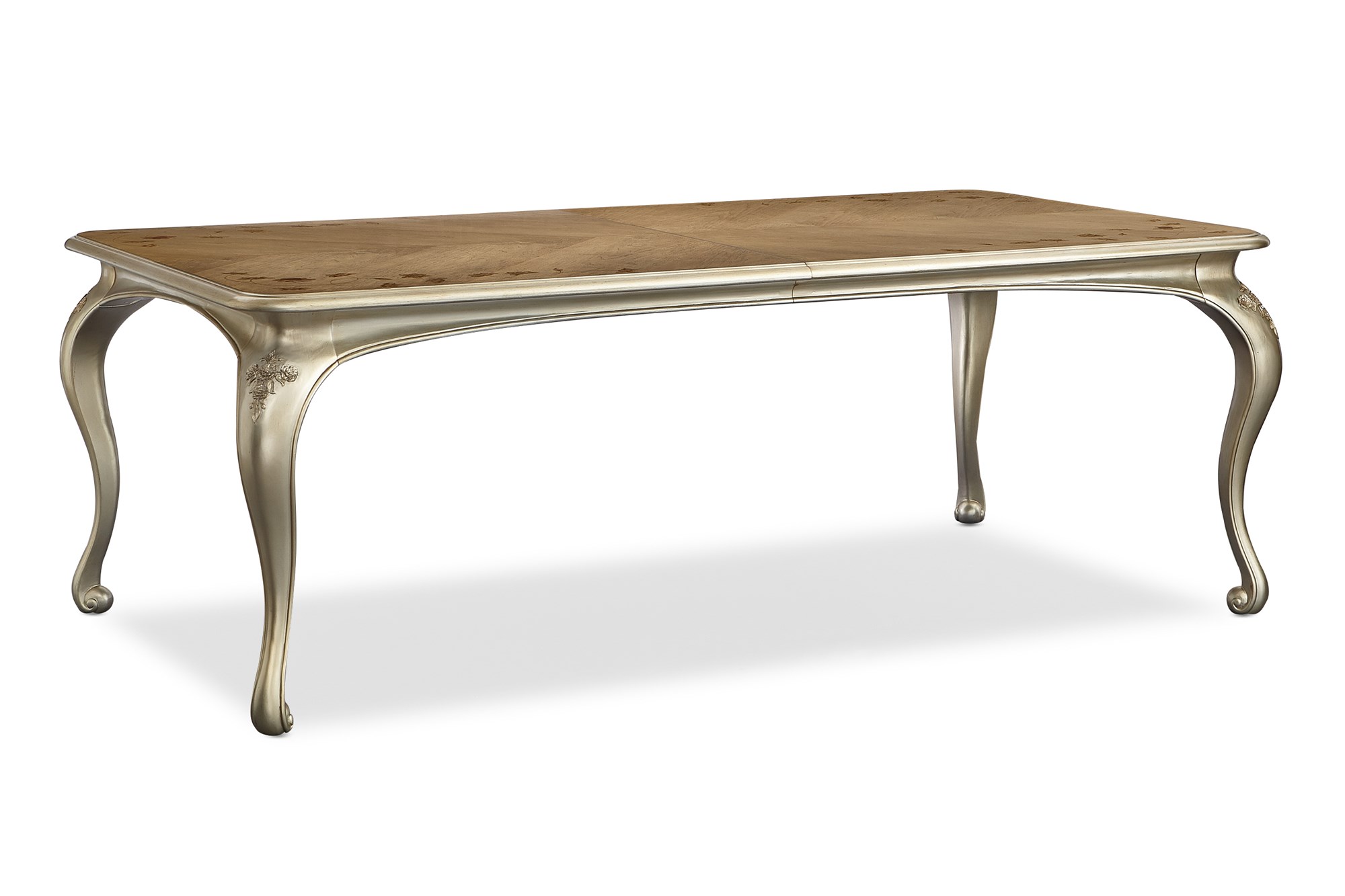 Fontainebleau Center Side Chair by Caracole featuring a Champagne Mist-finished frame with Aglow-accented carvings, plush Performance fabric upholstery, and plated metal ferrules on front legs.