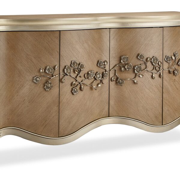 Fontainebleau King Platform Bed by Caracole, fully upholstered in Aglow finish with vertical pleated headboard and laurel leaf cast resin moldings