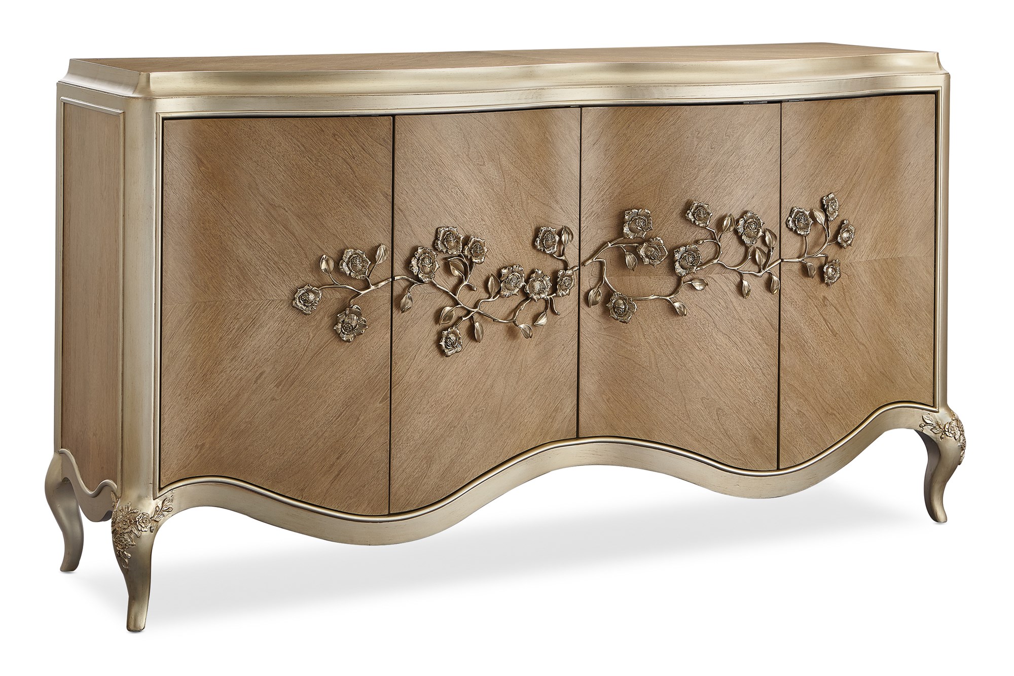 Fontainebleau King Platform Bed by Caracole, fully upholstered in Aglow finish with vertical pleated headboard and laurel leaf cast resin moldings