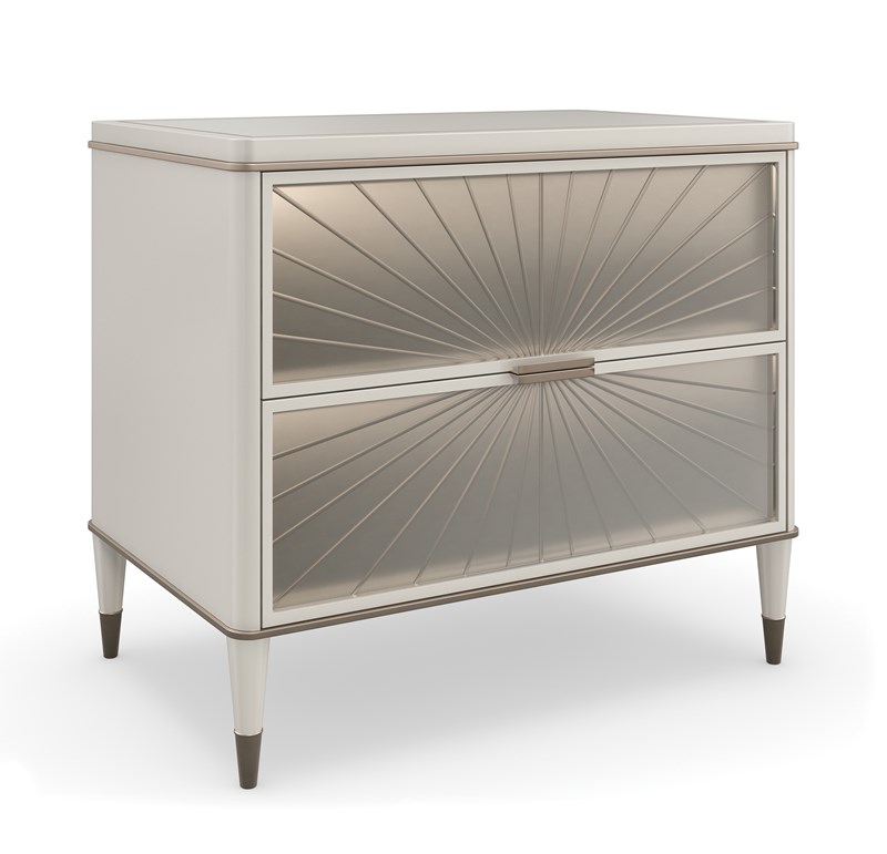 VALENTINA dresser by Caracole in a pearlized finish with sculptural gold hardware.