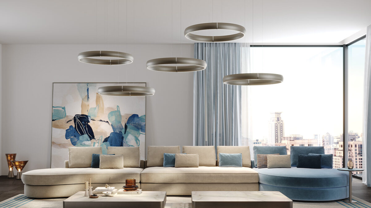 Suspension Rim Reflex luxury Italian pendant light with circular frame tailored for upscale interiors in Royal Oak Michigan