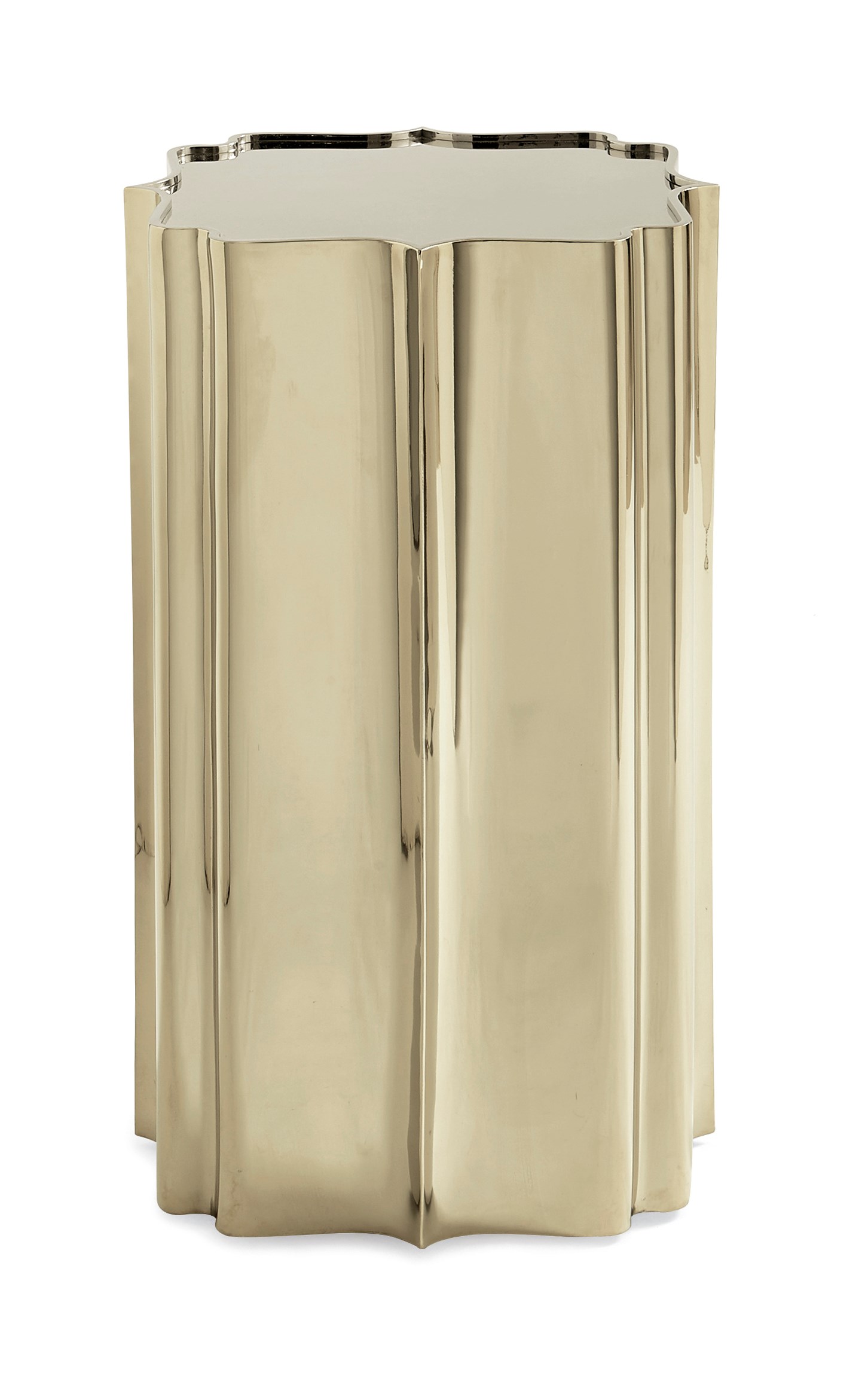 Caracole Good As Gold Side Table featuring a polished Whisper of Gold metal finish with a scalloped columnar design and raised tray top, adding elegance to modern interiors.