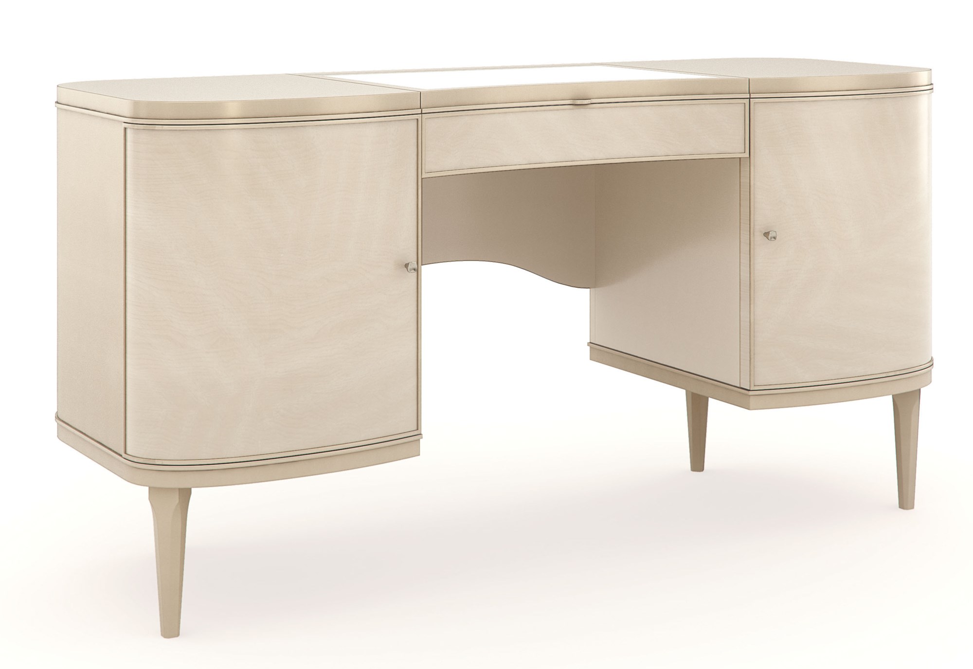 Reveals a mirrored interior with a vinyl bottom and a removable jewelry tray, offering both functionality and luxury.