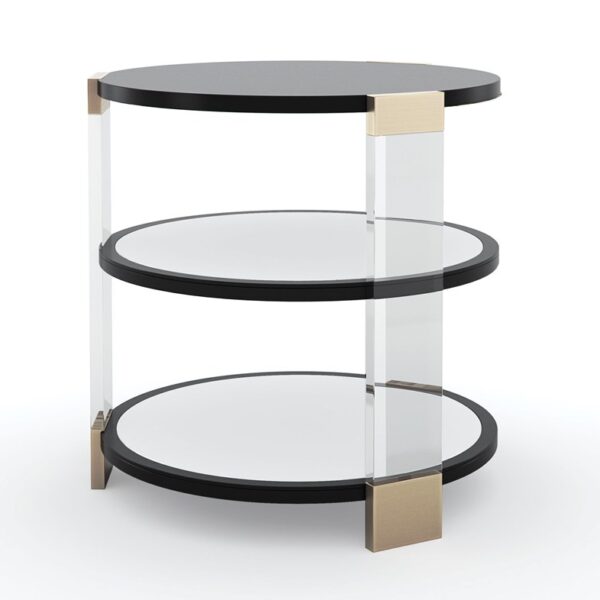 Elegant Go Around It Side Table by Caracole with Tuxedo Black finish, clear acrylic posts, and mirrored shelves reflecting a unique 'Silk Road' design, accented with Whisper of Gold.