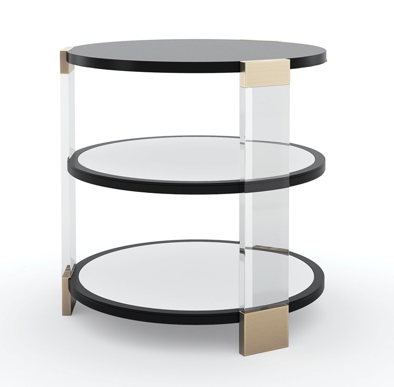 Elegant Go Around It Side Table by Caracole with Tuxedo Black finish, clear acrylic posts, and mirrored shelves reflecting a unique 'Silk Road' design, accented with Whisper of Gold.