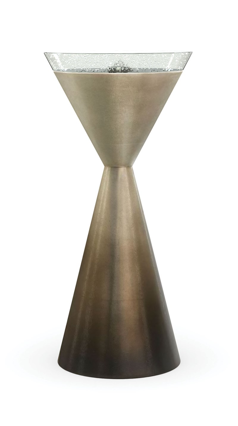 Caracole Spy Glass End Table featuring a bevel-cut cast bubble glass top and shimmering silver leaf-finished base, perfect for modern interiors.