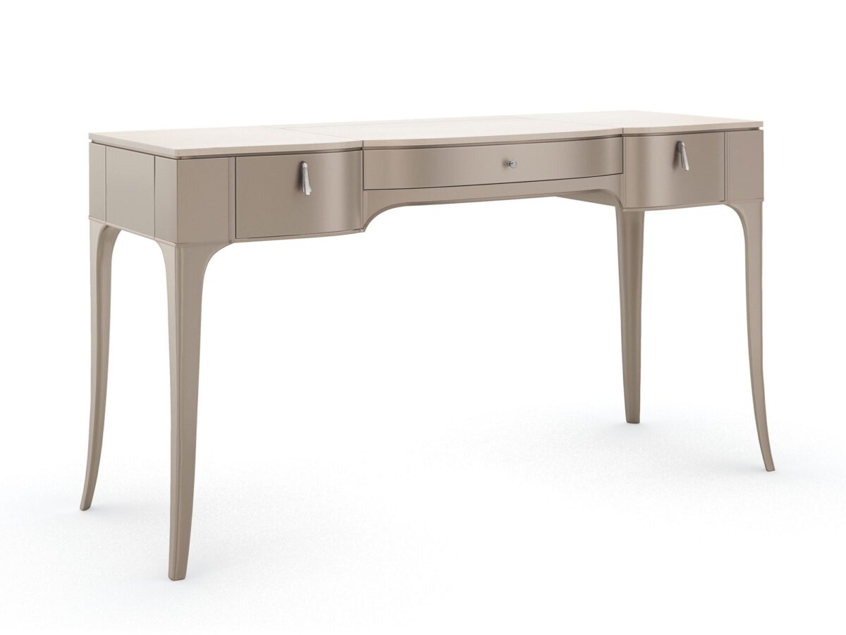 A glamorous makeup vanity featuring a flip top with a mirrored back and a soft silver-painted case, finished with a vanilla cream top.