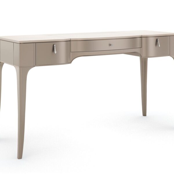 A glamorous makeup vanity featuring a flip top with a mirrored back and a soft silver-painted case, finished with a vanilla cream top.