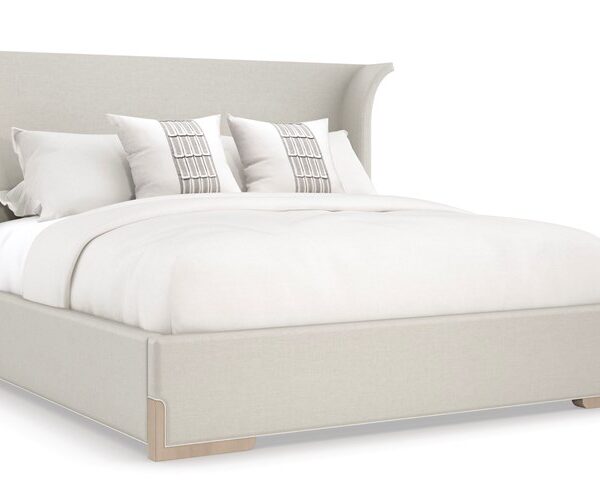 Caracole Beauty Sleep King Bed featuring a fully upholstered frame in performance fabric, with clean lines and a minimalist design, offering a serene and contemporary aesthetic.