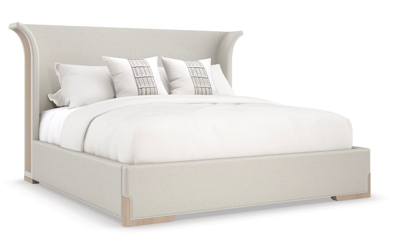 Caracole Beauty Sleep King Bed featuring a fully upholstered frame in performance fabric, with clean lines and a minimalist design, offering a serene and contemporary aesthetic.