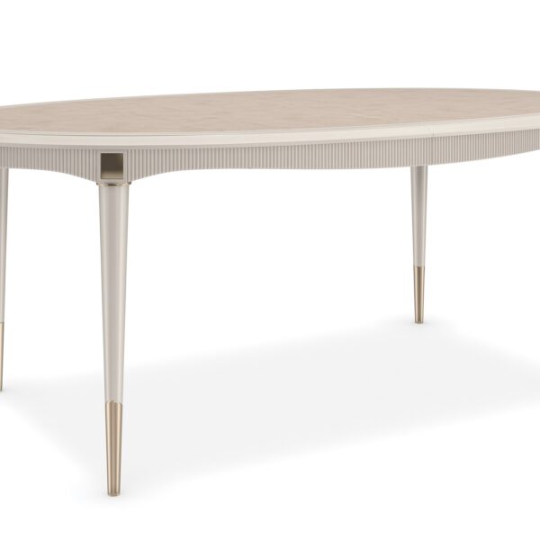 Love Feast Dining Table by Caracole featuring an elegant oval shape with a gently flowing, reeded apron, crafted from pieced maple burl veneers with a Lovely Burl finish, complemented by a Matte Pearl frame and Whisper of Gold accents; extends from 78" to 144" with three 22" leaves, accommodating up to 12 guests.