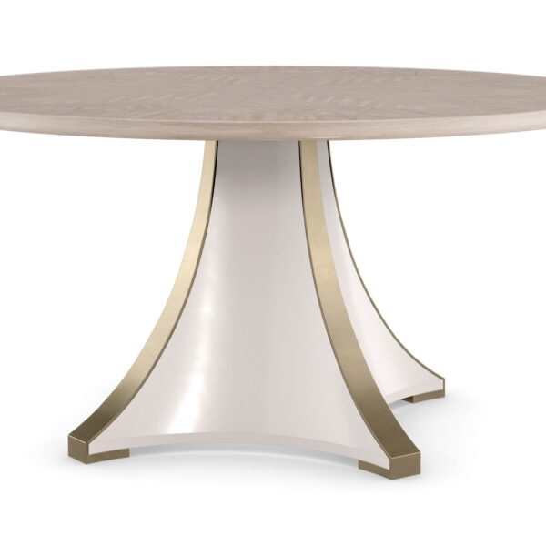 Great Expectations Dining Table by Caracole featuring a radiating rosette motif crafted from Koto veneers, finished in pearlescent Moonstone, with a sculptural Pearly White base accented in Majestic Gold paint, accommodating up to eight chairs.