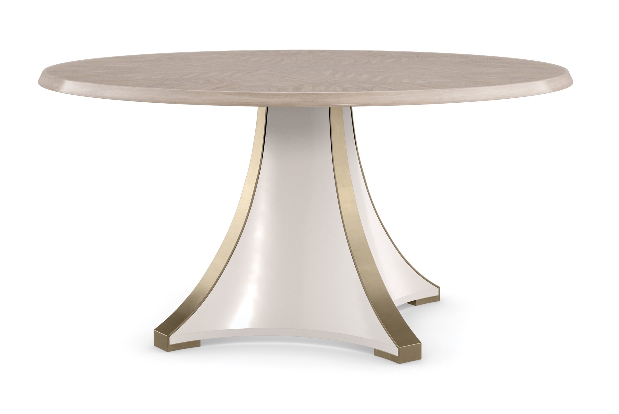 Great Expectations Dining Table by Caracole featuring a radiating rosette motif crafted from Koto veneers, finished in pearlescent Moonstone, with a sculptural Pearly White base accented in Majestic Gold paint, accommodating up to eight chairs.