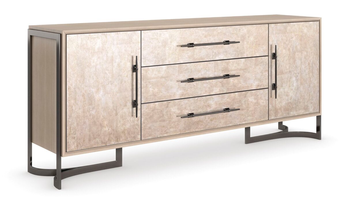 Foiled Again Sideboard by Caracole in Amber Silverleaf with Deep Bronze metal frame and legs, featuring three drawers and two doors with adjustable shelves.