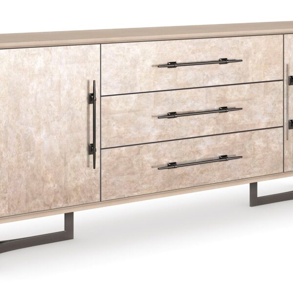 Foiled Again Sideboard by Caracole in Amber Silverleaf with Deep Bronze metal frame and legs, featuring three drawers and two doors with adjustable shelves.