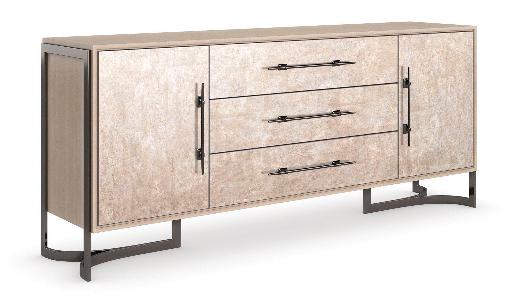 Foiled Again Sideboard by Caracole in Amber Silverleaf with Deep Bronze metal frame and legs, featuring three drawers and two doors with adjustable shelves.