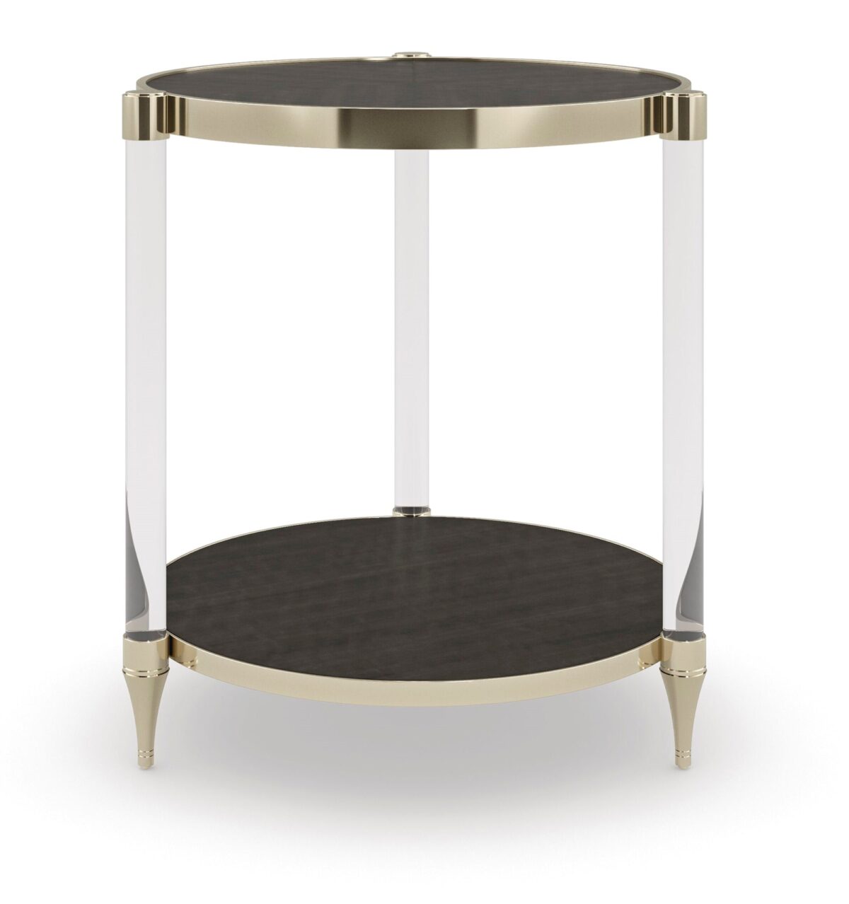 End Game Side Table by Caracole – Round side table featuring a Charred Bark Makore veneer top and shelf, supported by acrylic posts and accented with Whisper of Gold metal banding