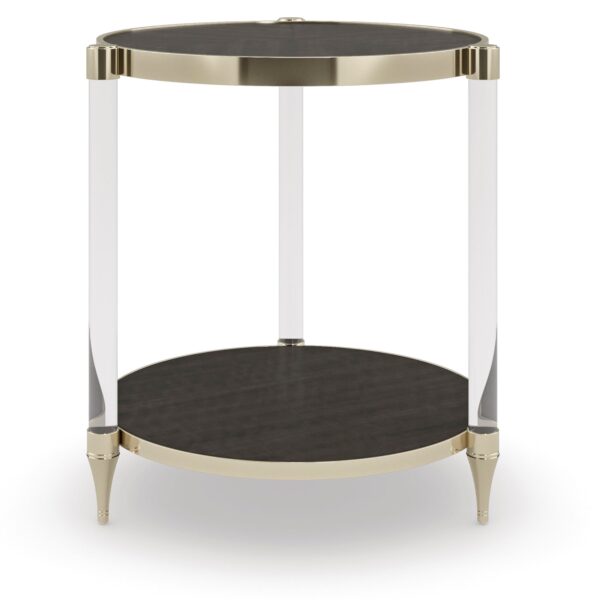 End Game Side Table by Caracole – Round side table featuring a Charred Bark Makore veneer top and shelf, supported by acrylic posts and accented with Whisper of Gold metal banding