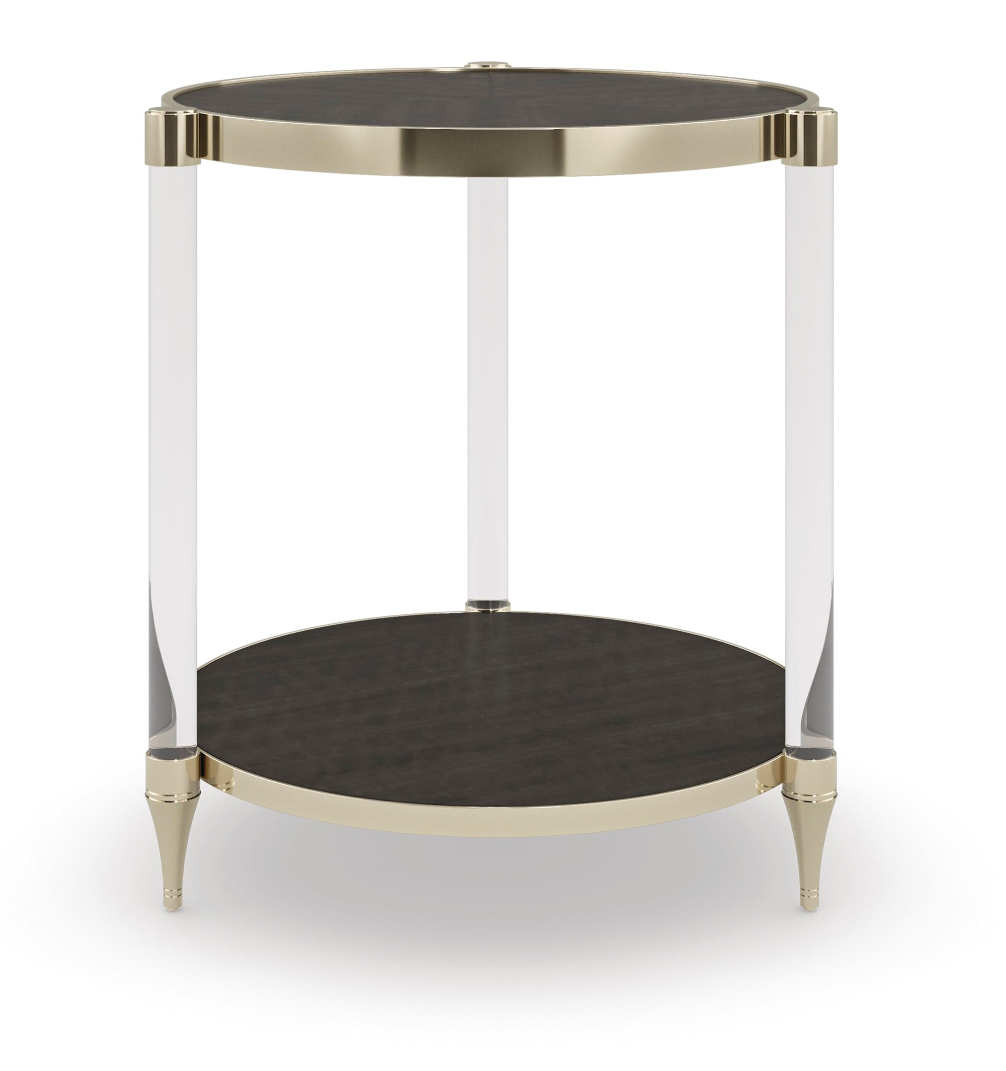 End Game Side Table by Caracole – Round side table featuring a Charred Bark Makore veneer top and shelf, supported by acrylic posts and accented with Whisper of Gold metal banding