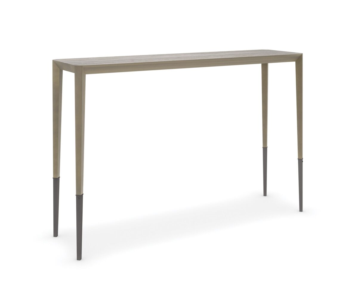 Perfect Together – Tall Console Table by Caracole – Silver Travertine top with Brushed Antique Brass frame and Deep Bronze ferrules.