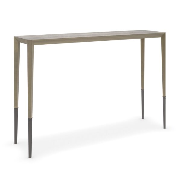 Perfect Together – Tall Console Table by Caracole – Silver Travertine top with Brushed Antique Brass frame and Deep Bronze ferrules.
