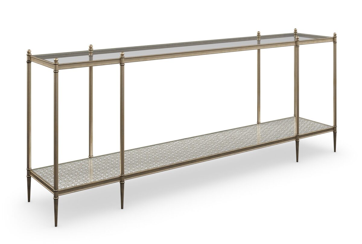 Perfection Gold Console Table by Caracole – Metal frame finished in New Gold with clear glass top and mirrored bottom shelf featuring Silver Leaf pattern.