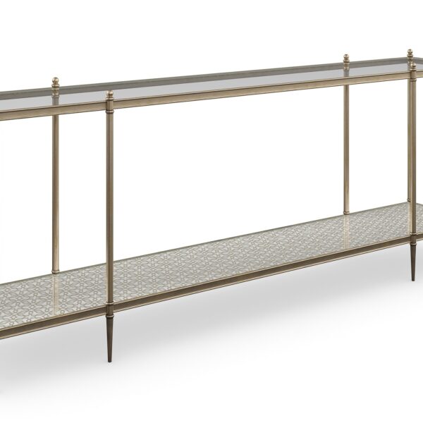 Perfection Gold Console Table by Caracole – Metal frame finished in New Gold with clear glass top and mirrored bottom shelf featuring Silver Leaf pattern.