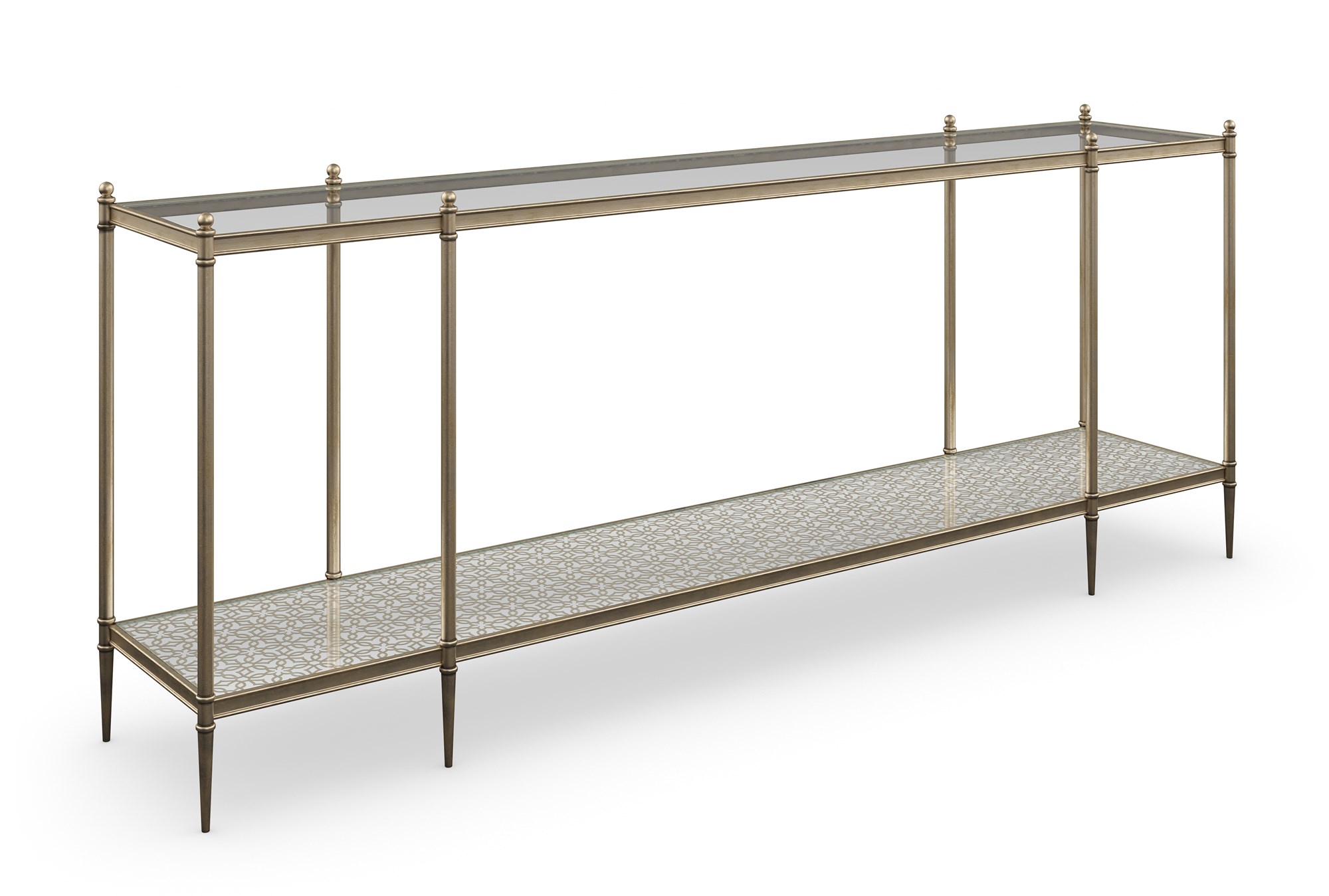 Perfection Gold Console Table by Caracole – Metal frame finished in New Gold with clear glass top and mirrored bottom shelf featuring Silver Leaf pattern.