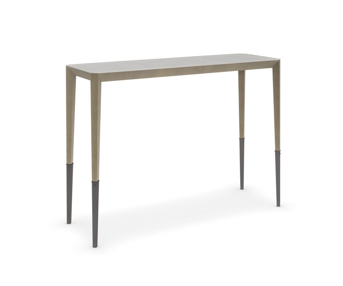 Perfect Together – Short Console Table by Caracole – Albino acrylic and resin top with cross-hatch pattern, Brushed Antique Brass frame, and Deep Bronze ferrules.